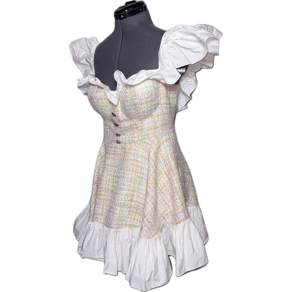 ASOS Luxe Pastel Tweed Ruffle Coquette Mini Dress B38 W33 H48 L26.5 Size 12 - Picture 2 of 12